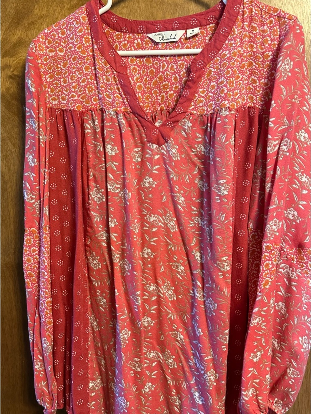 Coral Floral Patchwork Boho Tunic Long Sleeve V Neck